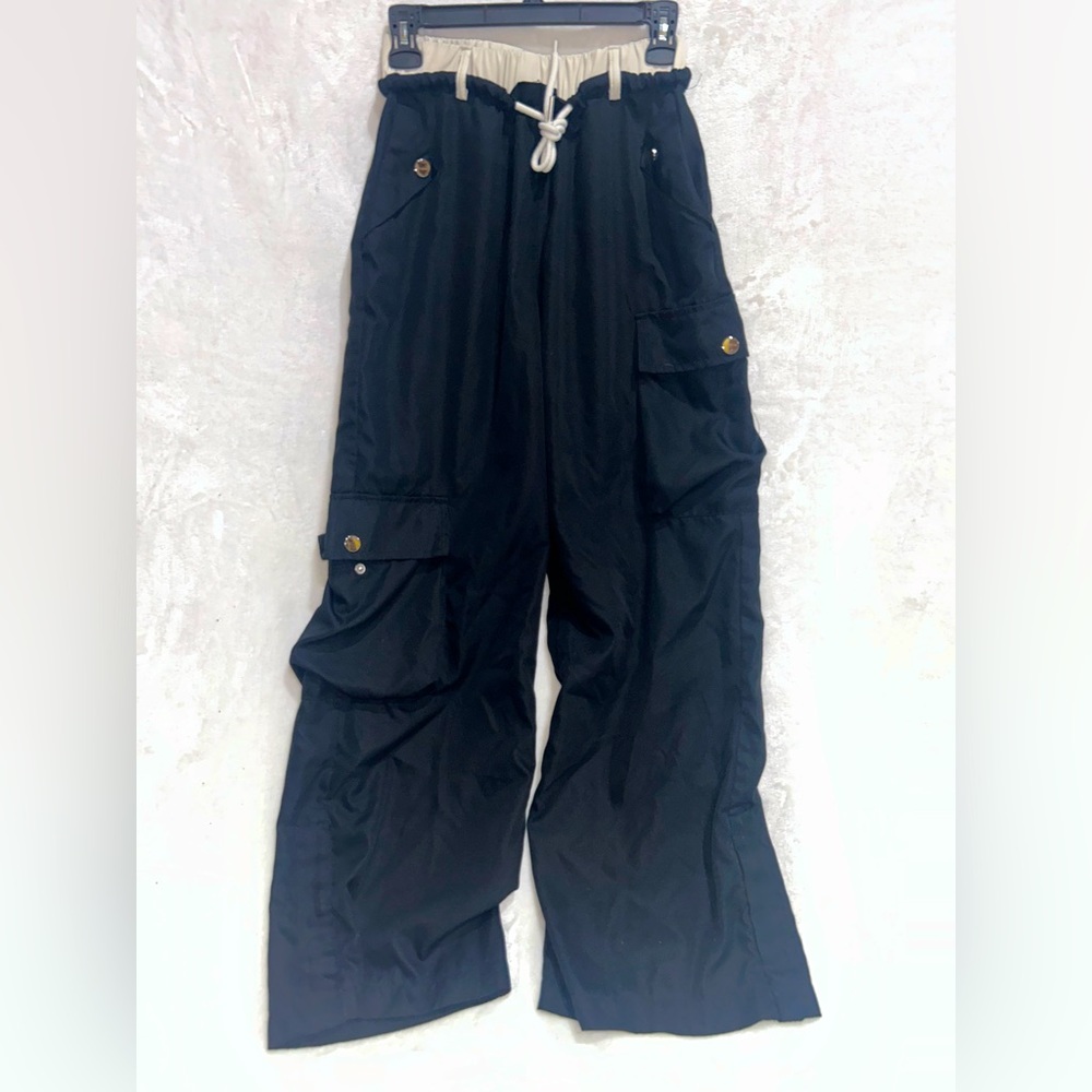 black tie contrast waist flap pocket parachute baggy pants skater streetwear